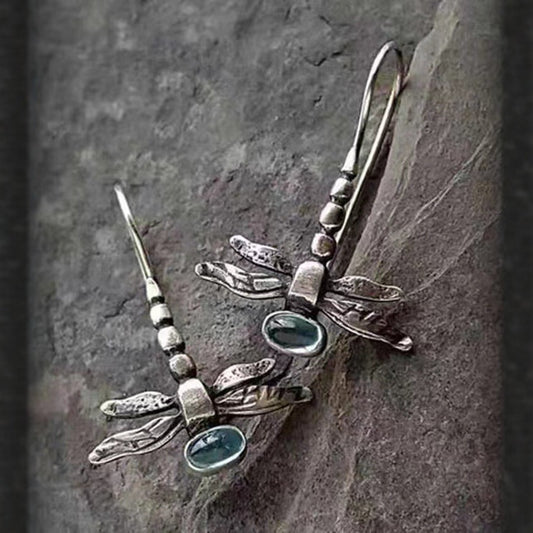 Dragonfly Shape Blue Gem Hook Earrings Exquisite Ornament