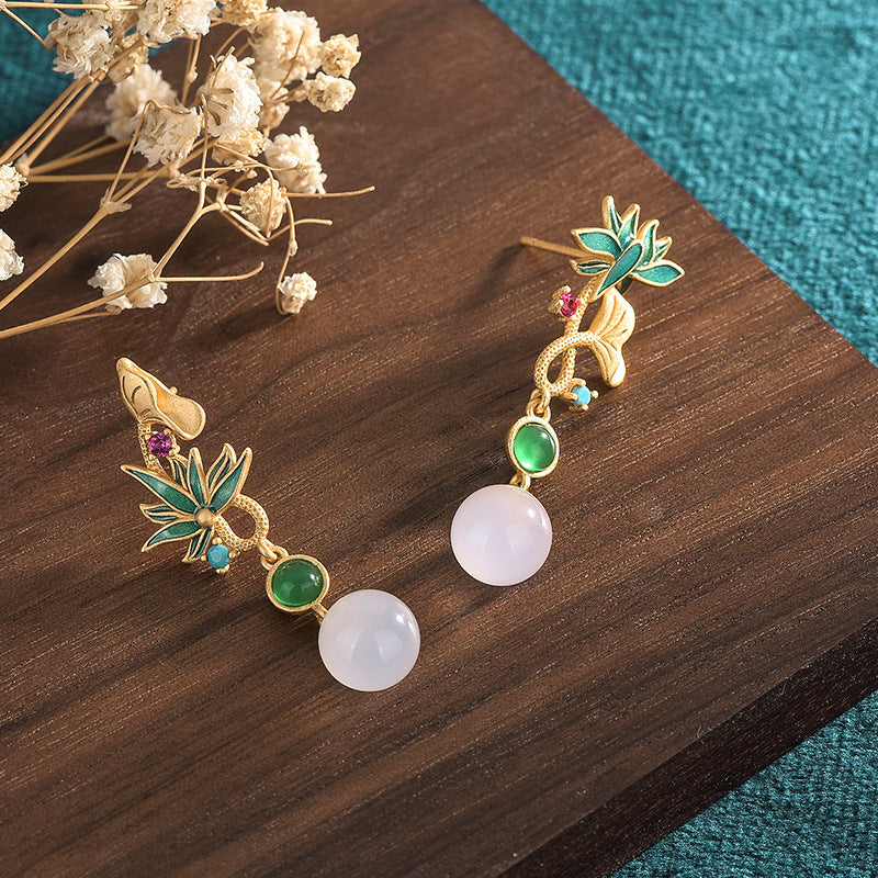 Asymmetric Lotus Natural Chalcedony Earrings