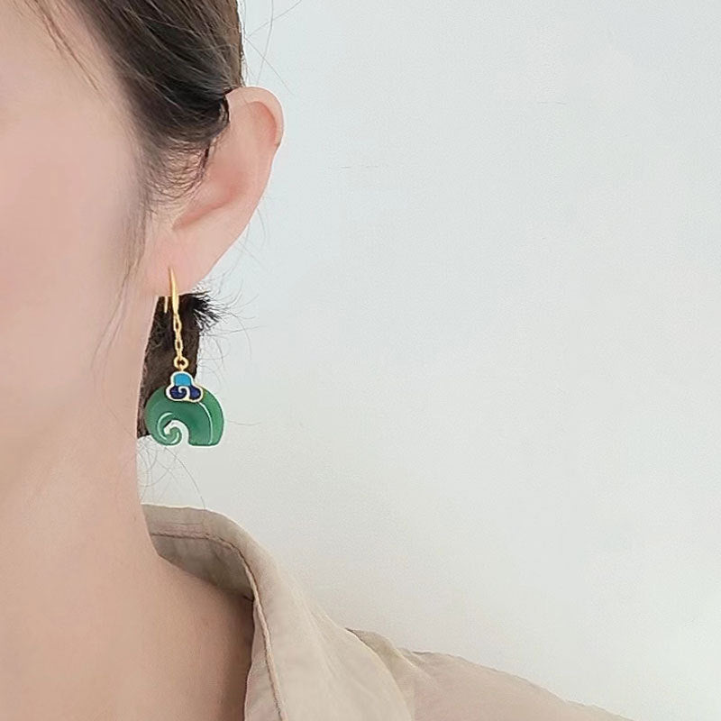 Niche Cold Enamel Xiangyun Elephant Hetian Jade Vintage Style Earrings