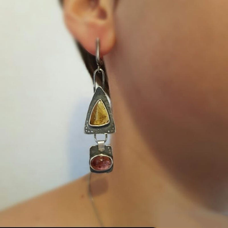 Hecheng Retro Geometric Triangle Metal Pendant Earrings Purple Orange Asymmetric Earrings Women's Retro Jewelry Gift Cross
