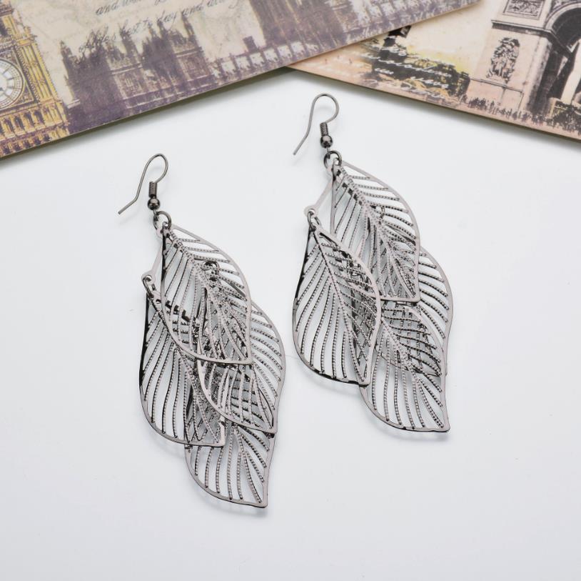 Multi-layer metal hollow leaf earrings