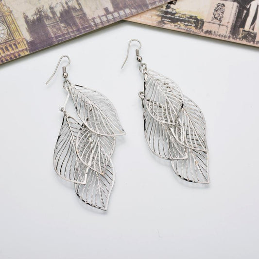 Multi-layer metal hollow leaf earrings