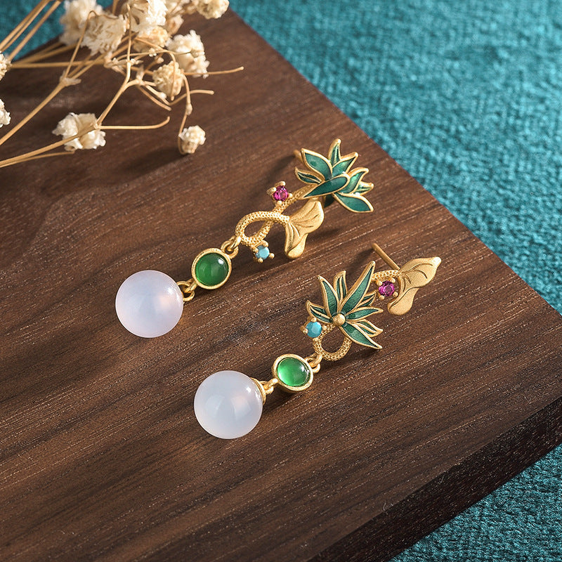 Asymmetric Lotus Natural Chalcedony Earrings