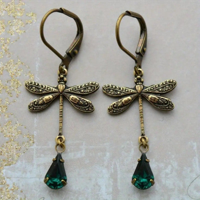 Retro Dragonfly Inlaid Green Water Drop Gem Earrings