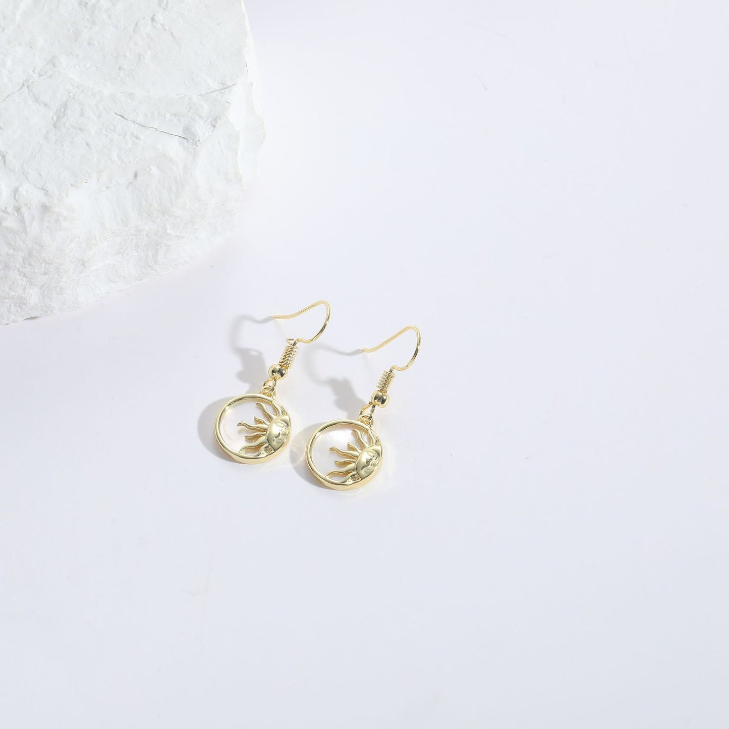 Zircon Gold Earrings Sun Moon Shell Ornament 14k Real Gold Copper Jewelry