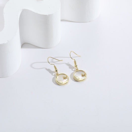 Zircon Gold Earrings Sun Moon Shell Ornament 14k Real Gold Copper Jewelry