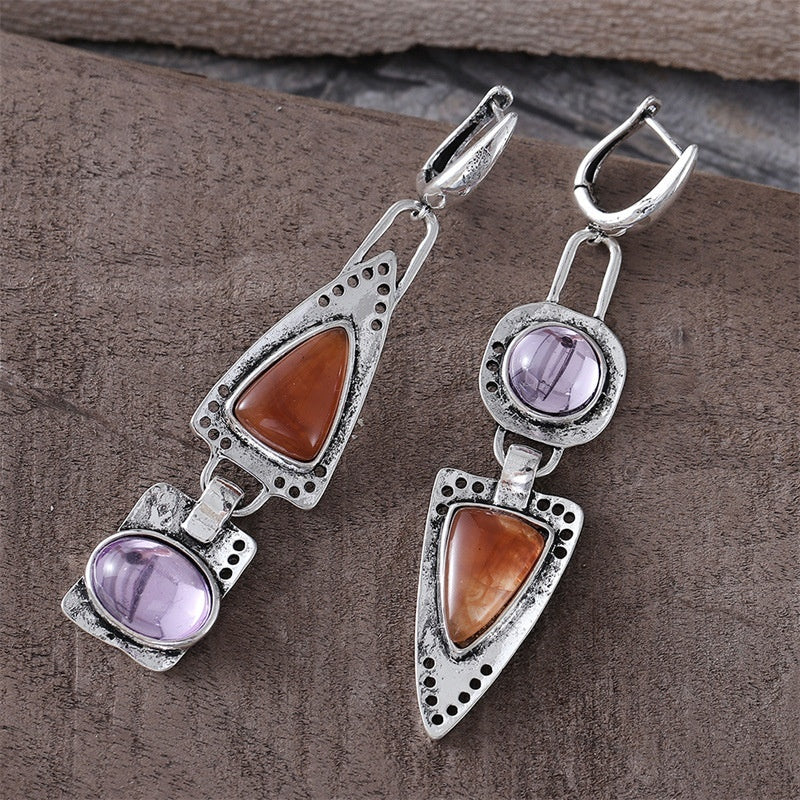 Hecheng Retro Geometric Triangle Metal Pendant Earrings Purple Orange Asymmetric Earrings Women's Retro Jewelry Gift Cross