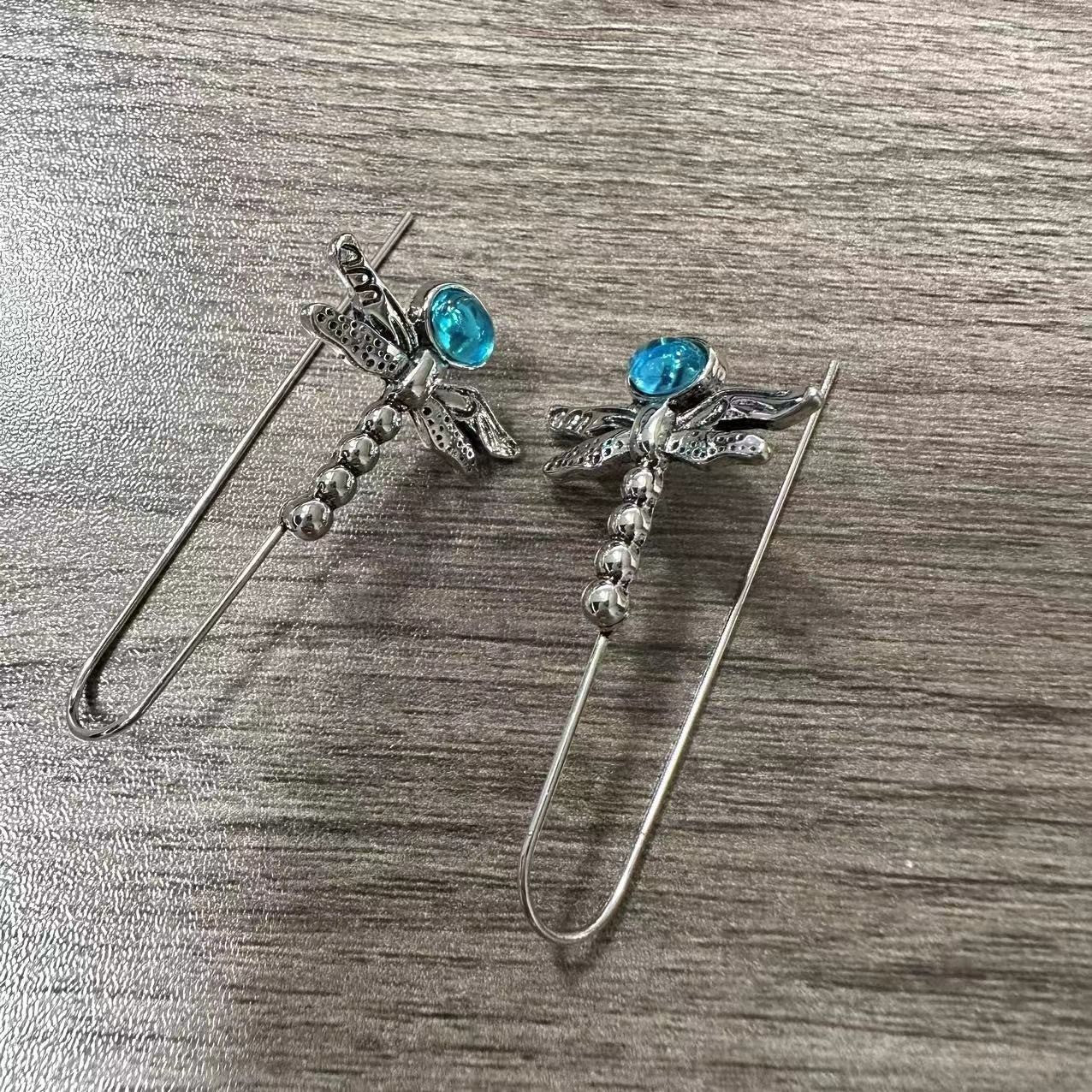 Dragonfly Shape Blue Gem Hook Earrings Exquisite Ornament