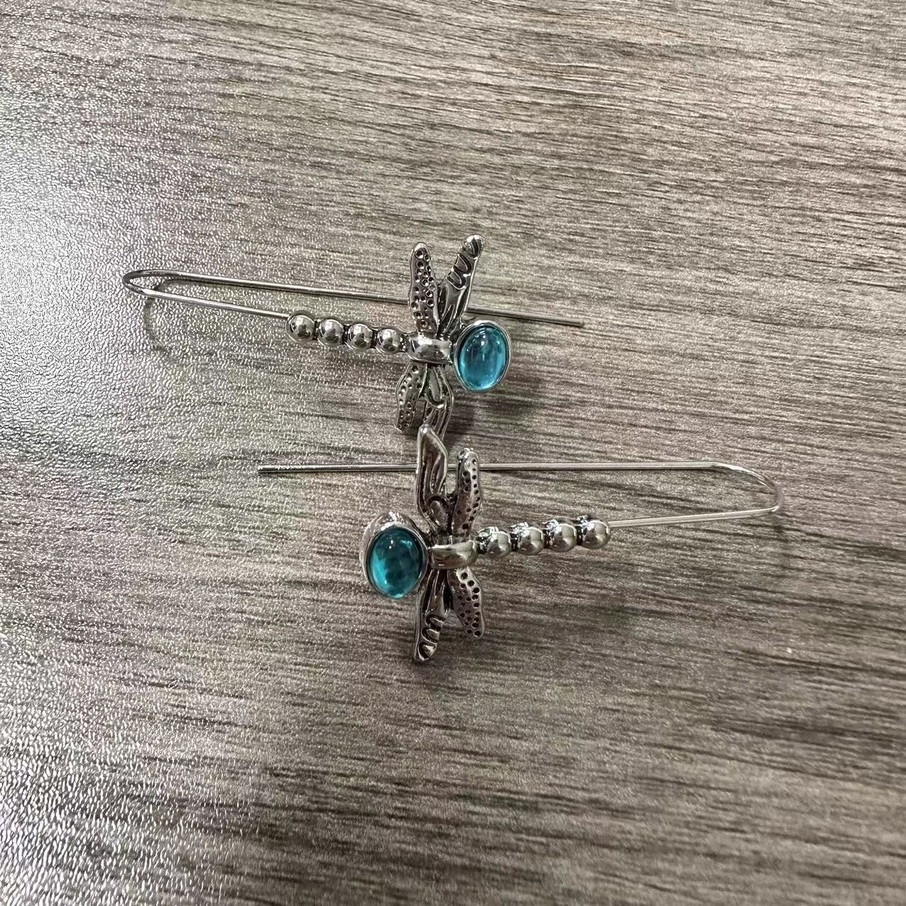 Dragonfly Shape Blue Gem Hook Earrings Exquisite Ornament