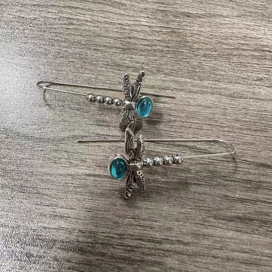 Dragonfly Shape Blue Gem Hook Earrings Exquisite Ornament