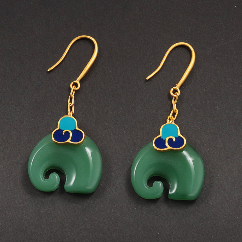 Niche Cold Enamel Xiangyun Elephant Hetian Jade Vintage Style Earrings