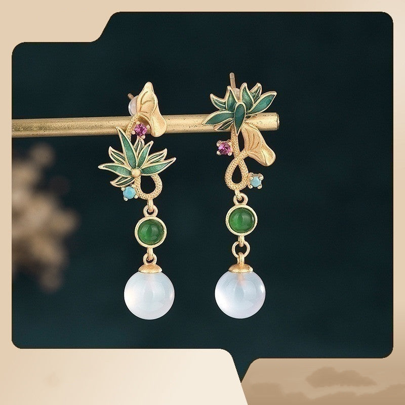 Asymmetric Lotus Natural Chalcedony Earrings