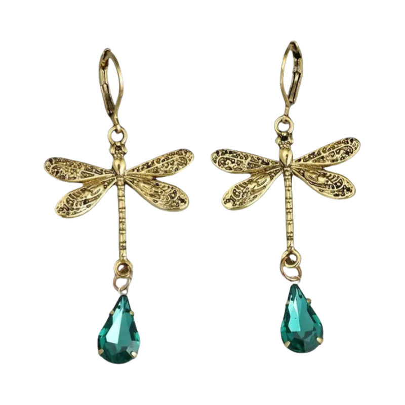 Retro Dragonfly Inlaid Green Water Drop Gem Earrings