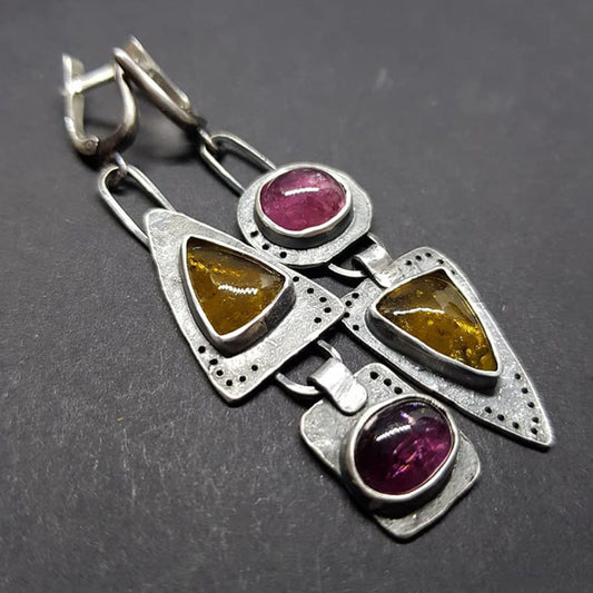 Hecheng Retro Geometric Triangle Metal Pendant Earrings Purple Orange Asymmetric Earrings Women's Retro Jewelry Gift Cross