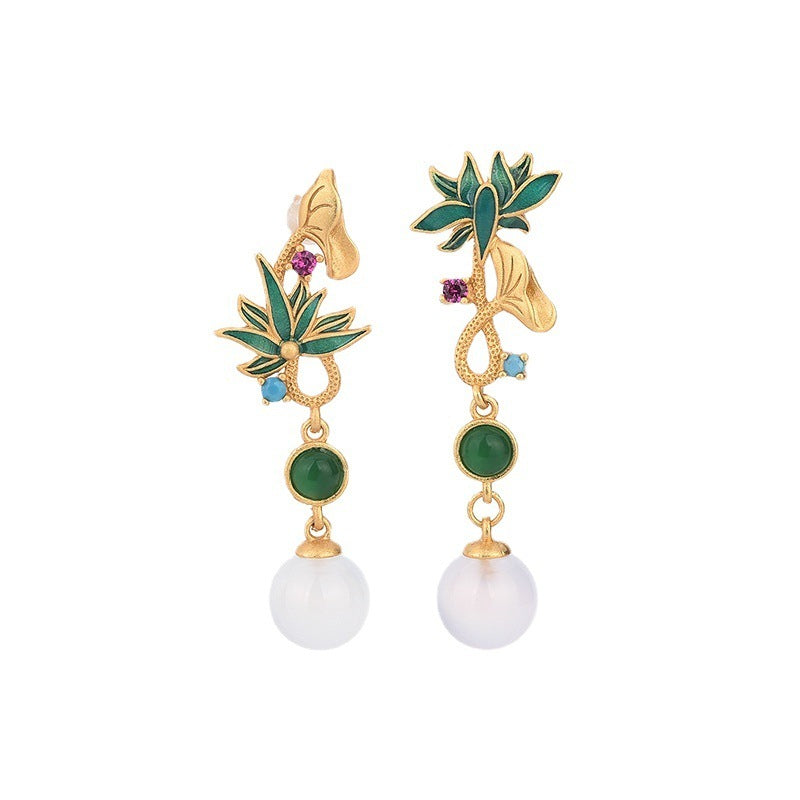 Asymmetric Lotus Natural Chalcedony Earrings