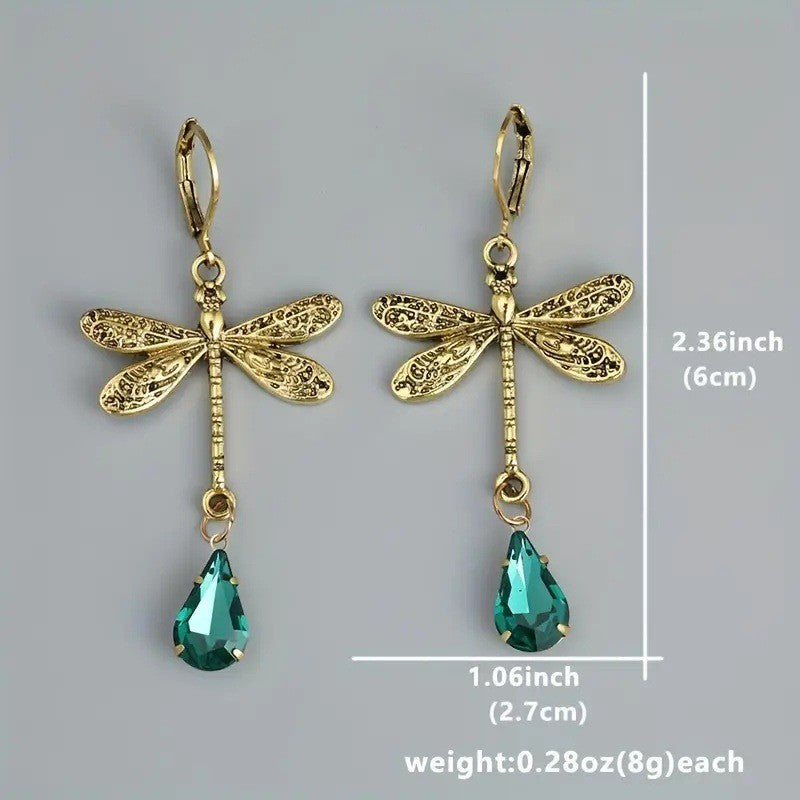 Retro Dragonfly Inlaid Green Water Drop Gem Earrings