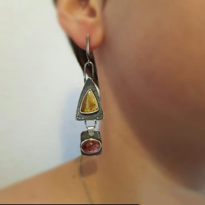 Hecheng Retro Geometric Triangle Metal Pendant Earrings Purple Orange Asymmetric Earrings Women's Retro Jewelry Gift Cross