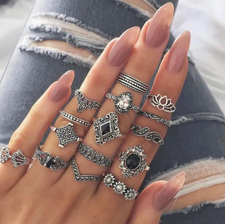 15 Piece Alloy Vintage Ring Set - MYSTIQOR
