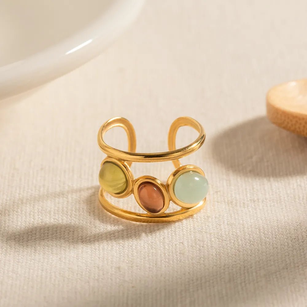 18K Gold - Plated Gemstone Open Cuff Ring - MYSTIQOR