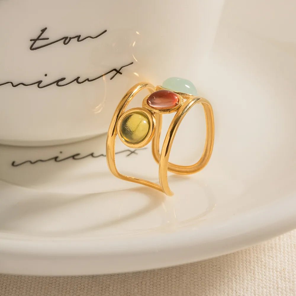 18K Gold - Plated Gemstone Open Cuff Ring - MYSTIQOR
