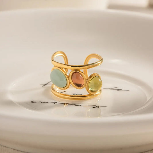 18K Gold - Plated Gemstone Open Cuff Ring - MYSTIQOR