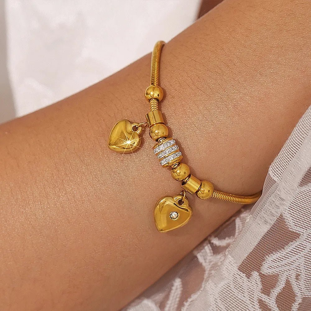 18K Gold - Plated Rhinestone Heart Charm Bracelet - MYSTIQOR