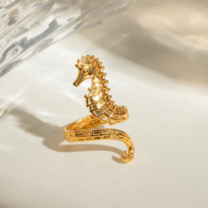 18K Gold - Plated Seahorse Wrap Adjustable Ring - MYSTIQOR