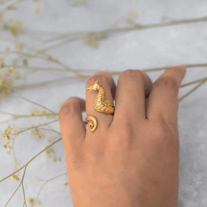 18K Gold - Plated Seahorse Wrap Adjustable Ring - MYSTIQOR