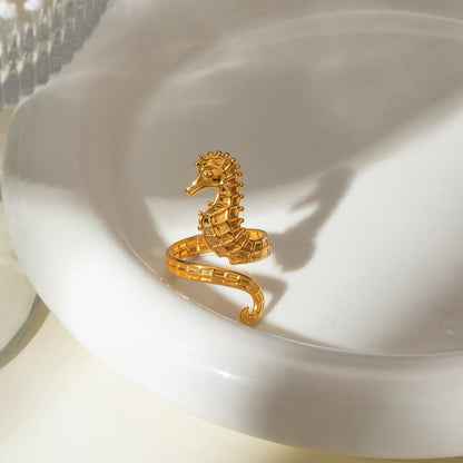 18K Gold - Plated Seahorse Wrap Adjustable Ring - MYSTIQOR