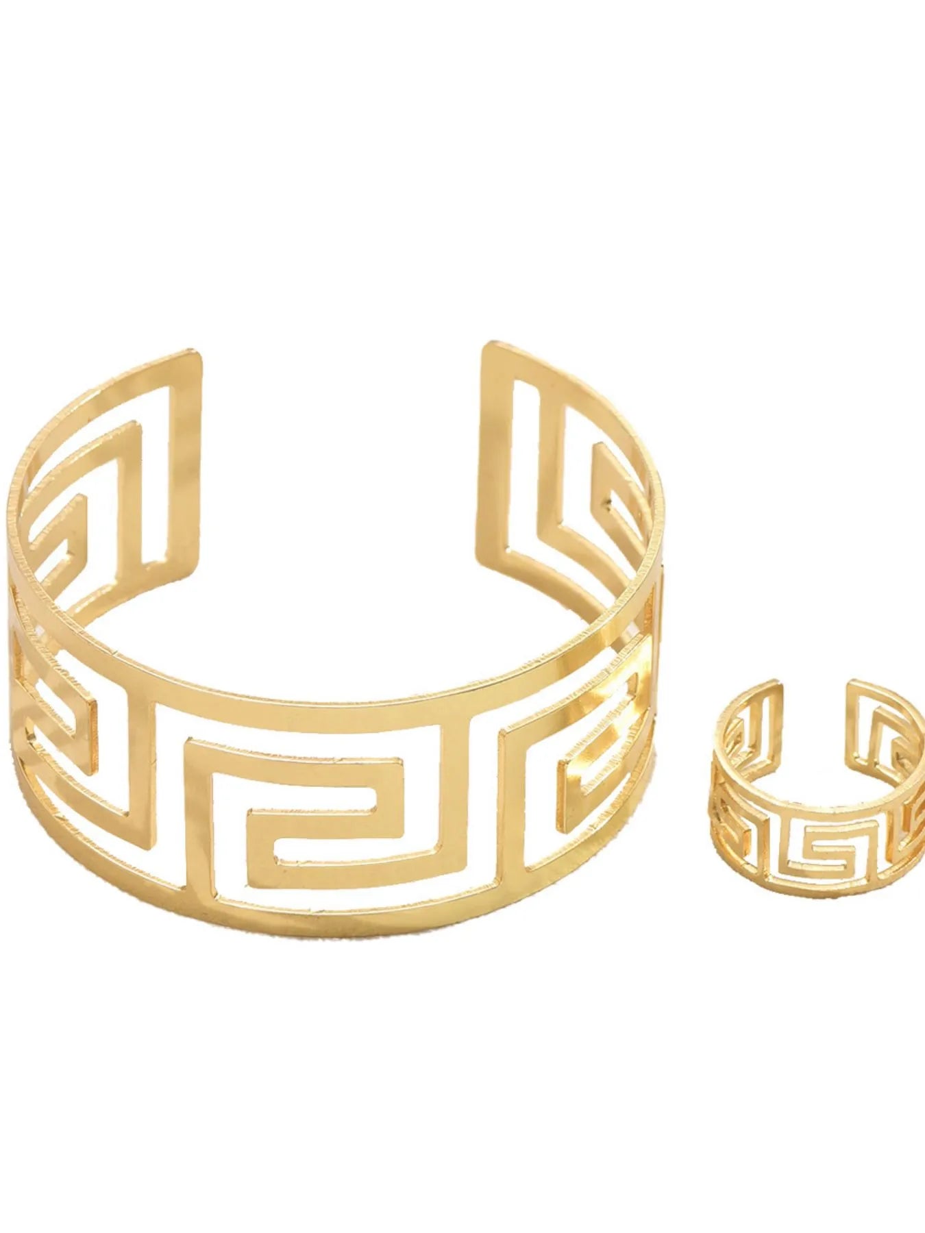 18K Gold - Plated Stainless Steel Geometric Bracelet and Ring Jewelry Set - MYSTIQOR