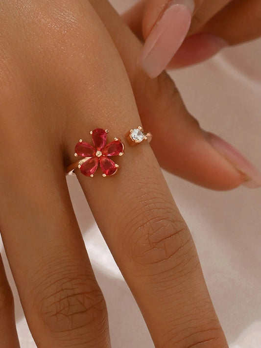 18K Gold - Plated Stainless Steel Zircon Flower Ring - MYSTIQOR