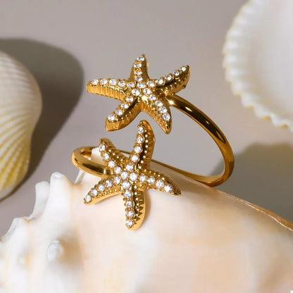 18K Gold - Plated Stainless Steel Zircon Starfish Ring - MYSTIQOR