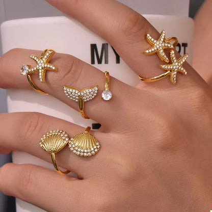 18K Gold - Plated Stainless Steel Zircon Starfish Ring - MYSTIQOR