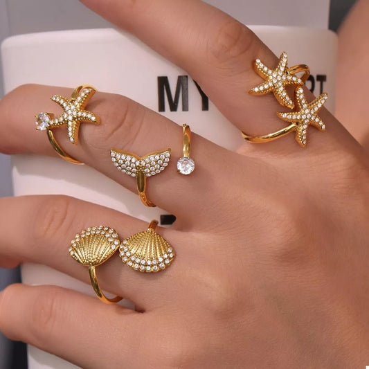 18K Gold - Plated Stainless Steel Zircon Starfish Ring - MYSTIQOR