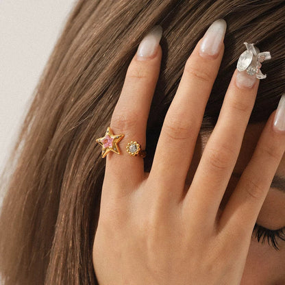 18K Gold - Plated Zircon Star Open Ring - MYSTIQOR