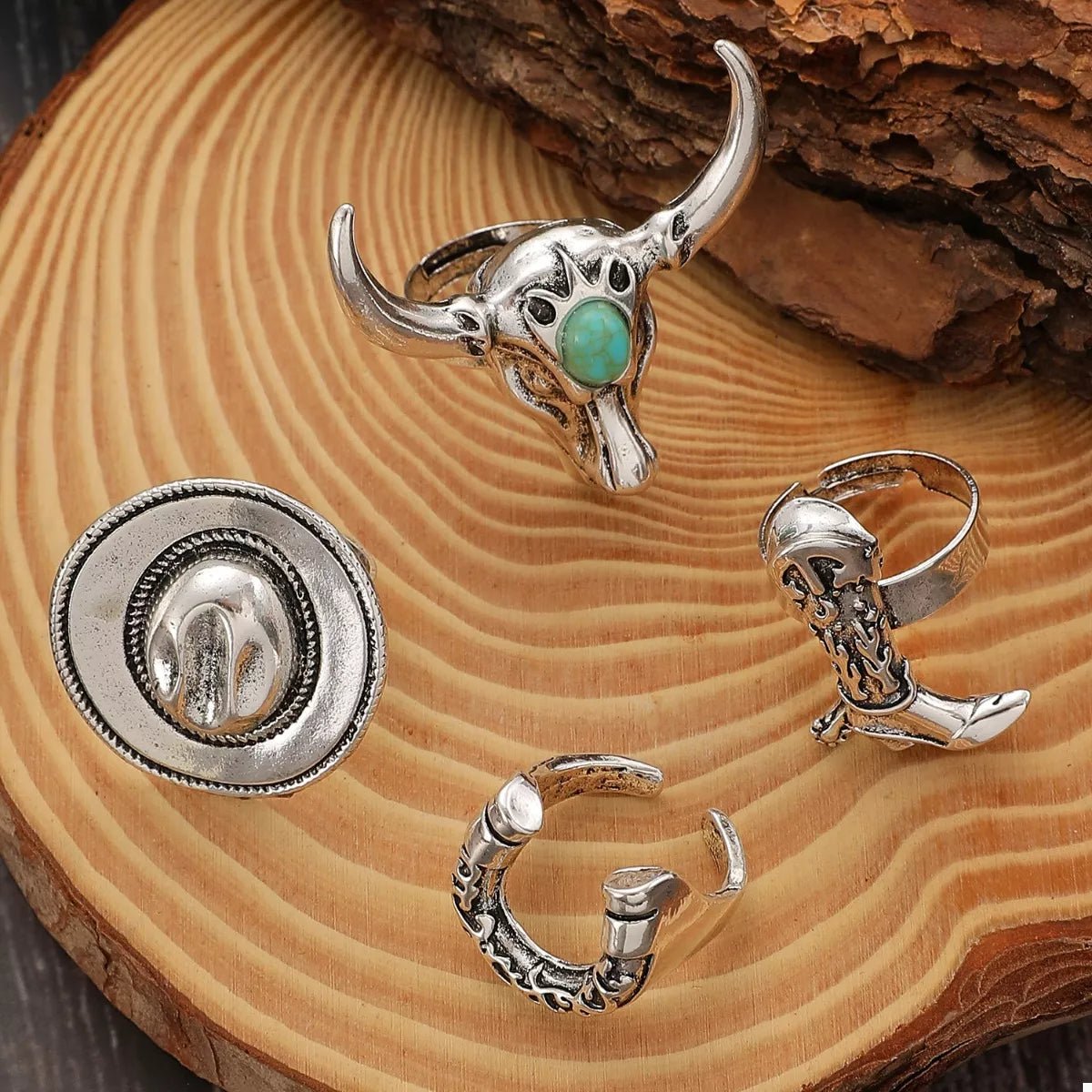 4 Piece Vintage Western Style Bull Head Rings - MYSTIQOR
