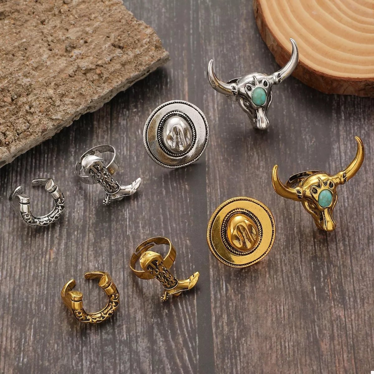 4 Piece Vintage Western Style Bull Head Rings - MYSTIQOR