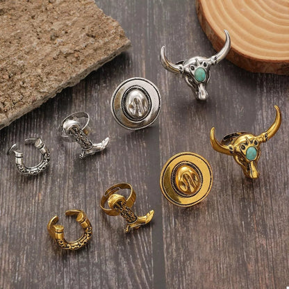 4 Piece Vintage Western Style Bull Head Rings - MYSTIQOR