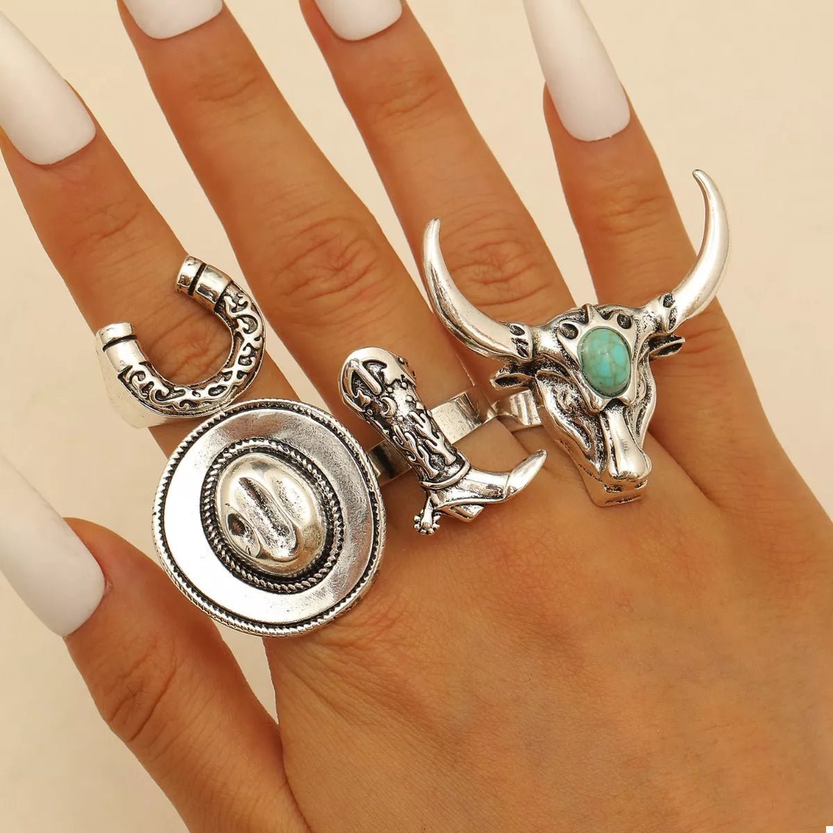 4 Piece Vintage Western Style Bull Head Rings - MYSTIQOR