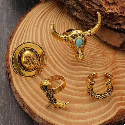 4 Piece Vintage Western Style Bull Head Rings - MYSTIQOR