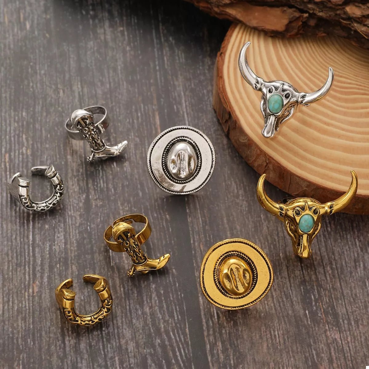 4 Piece Vintage Western Style Bull Head Rings - MYSTIQOR