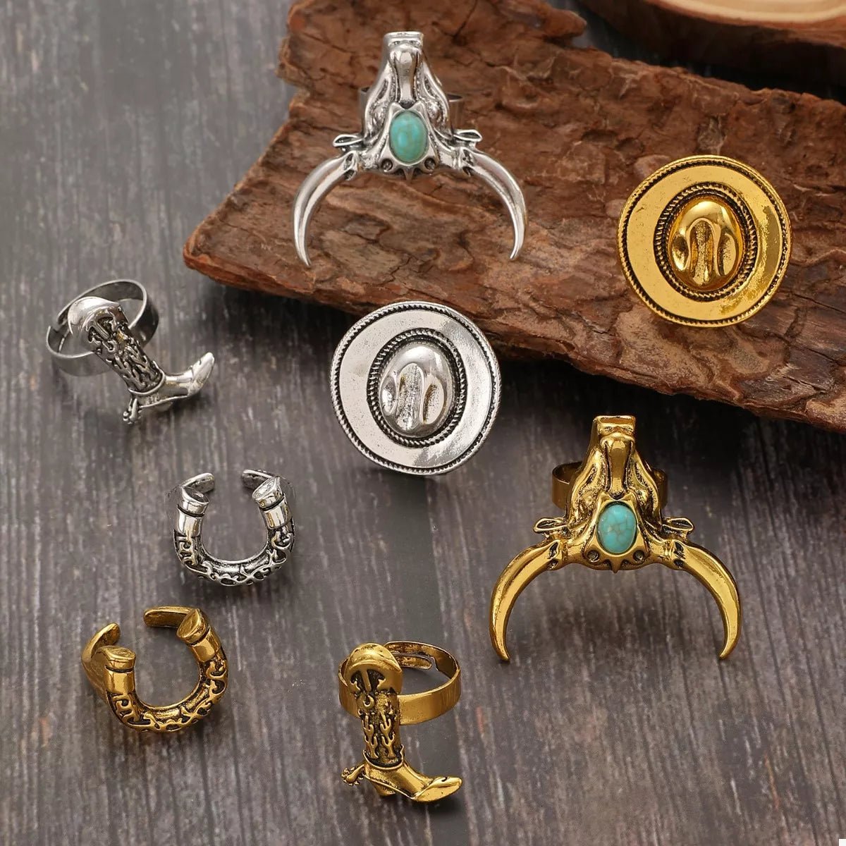 4 Piece Vintage Western Style Bull Head Rings - MYSTIQOR