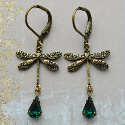 Retro Dragonfly Inlaid Green Water Drop Gem Earrings