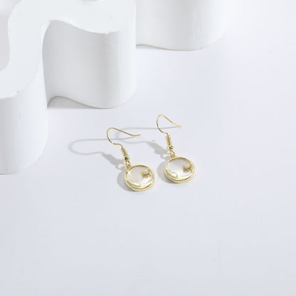Zircon Gold Earrings Sun Moon Shell Ornament 14k Real Gold Copper Jewelry