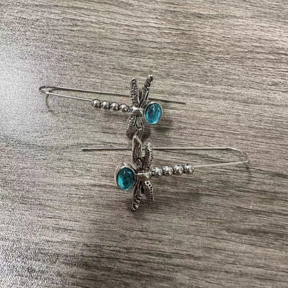 Dragonfly Shape Blue Gem Hook Earrings Exquisite Ornament