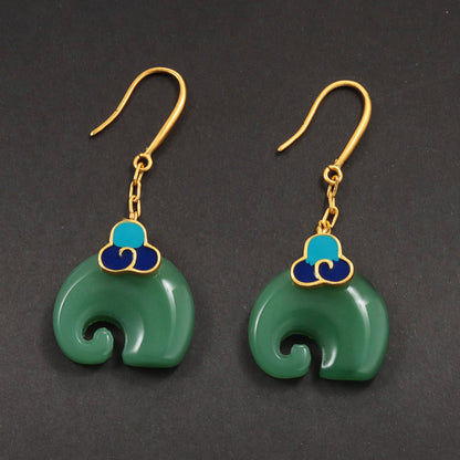 Niche Cold Enamel Xiangyun Elephant Hetian Jade Vintage Style Earrings