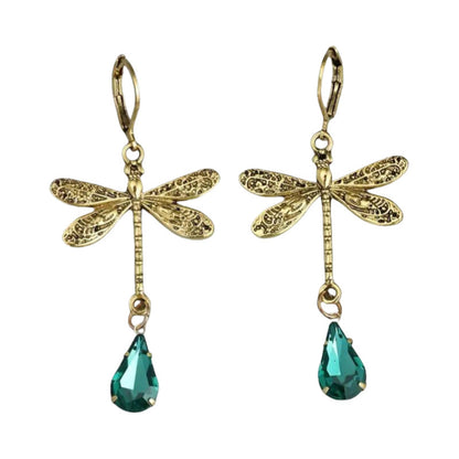 Retro Dragonfly Inlaid Green Water Drop Gem Earrings