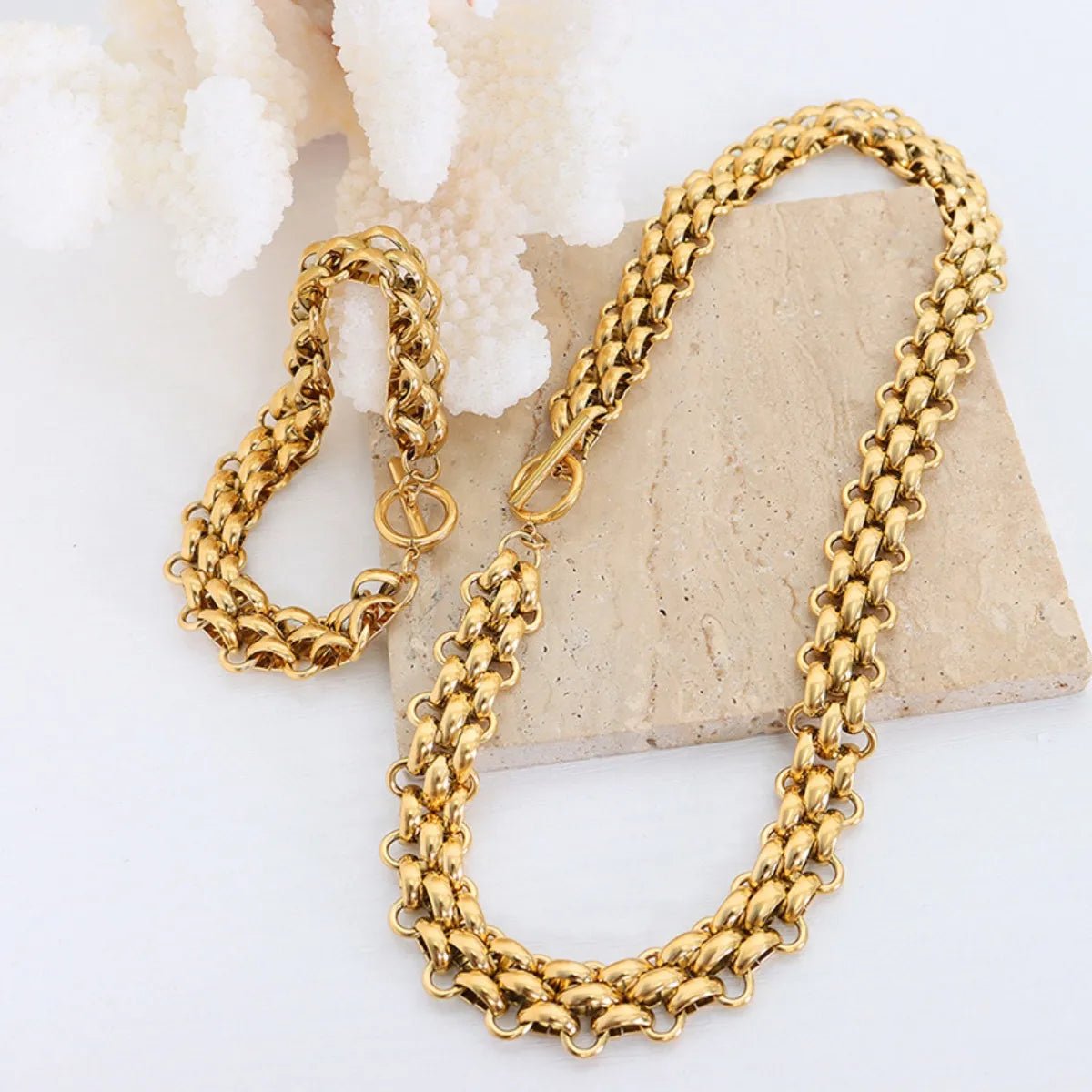 Gold Chain Link Jewelry Set with Necklace and Bracelet - MYSTIQOR