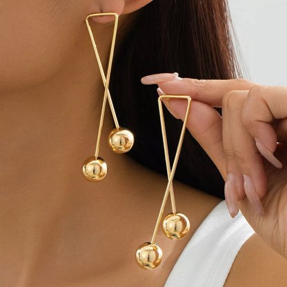 Modern Geometric Triangle Gold Ball Drop Earrings - MYSTIQOR
