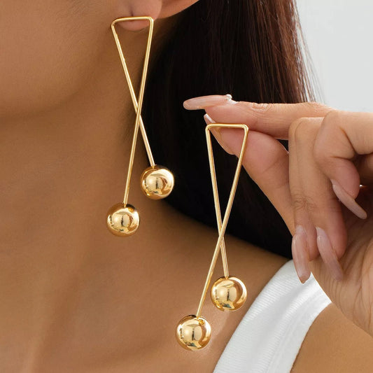 Modern Geometric Triangle Gold Ball Drop Earrings - MYSTIQOR